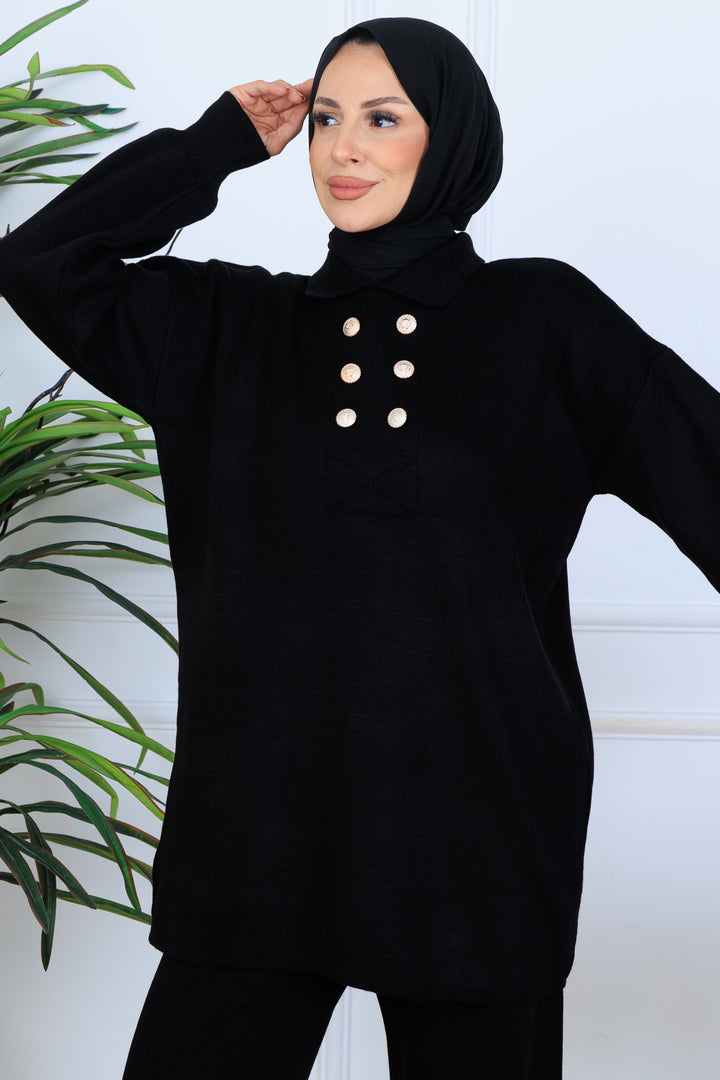 BNG Women Düğme Detaylı Triko Takım N7064 Siyah - Guasave