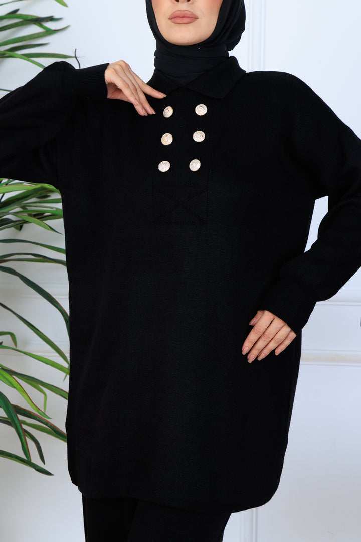 BNG Women Düğme Detaylı Triko Takım N7064 Siyah - Guasave