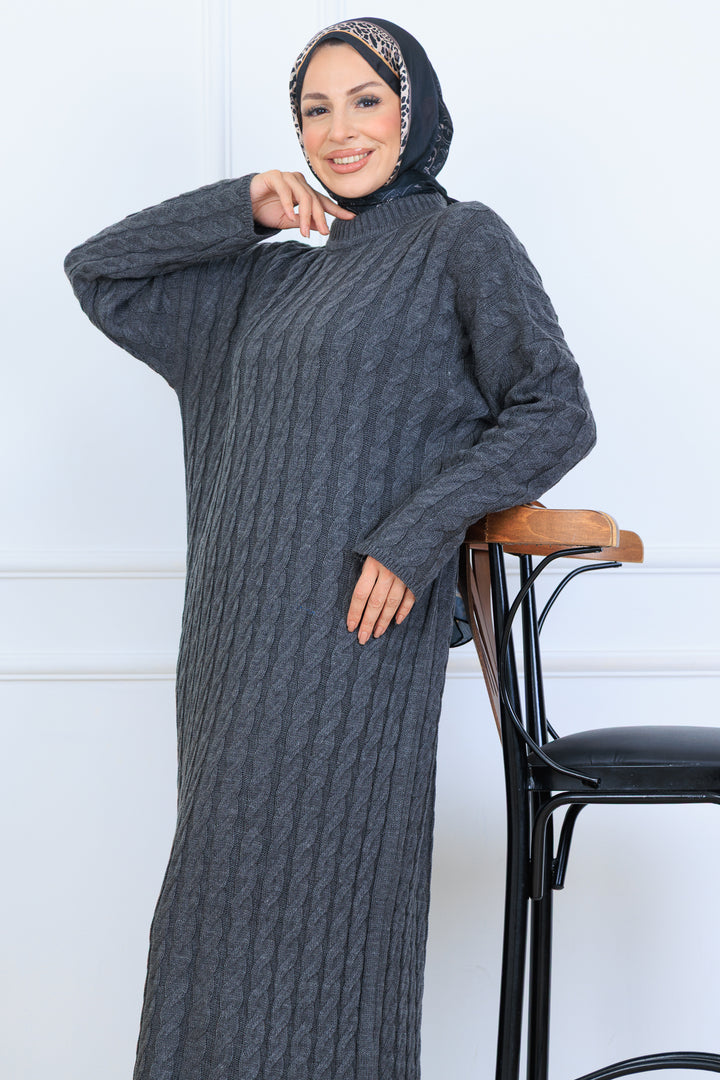 BNG Women Örgü Desenli Triko Elbise N7082 Antrasit - Limerick