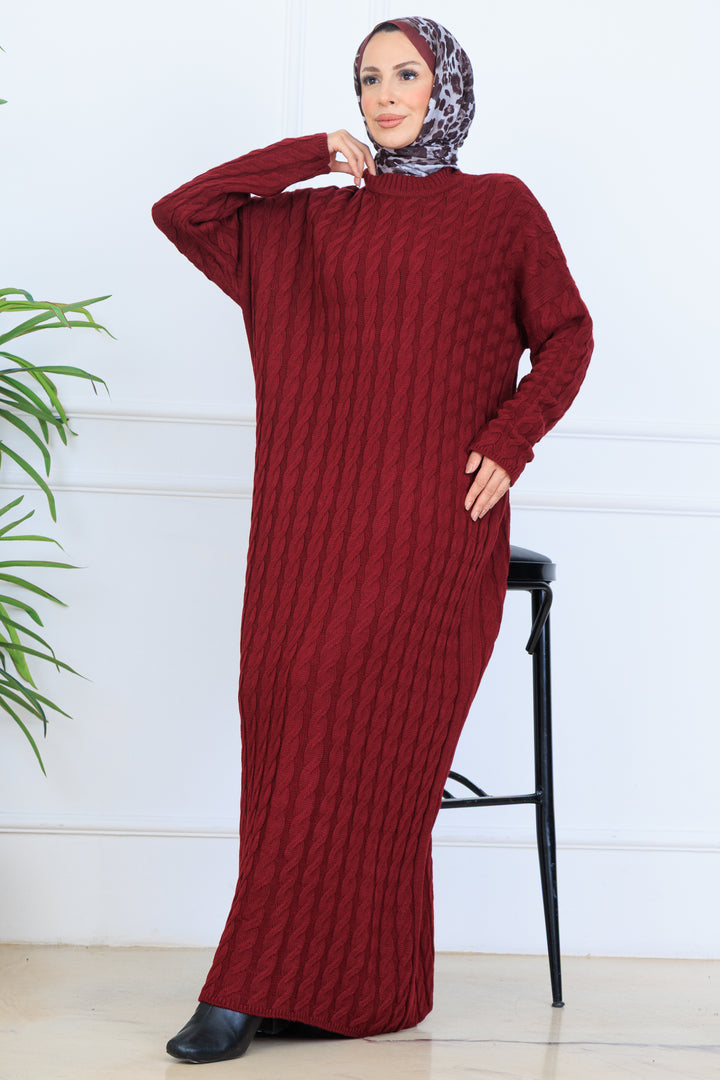 BNG Women Knitted Patterned Sweater Dress N7082 Burgundy - Niort