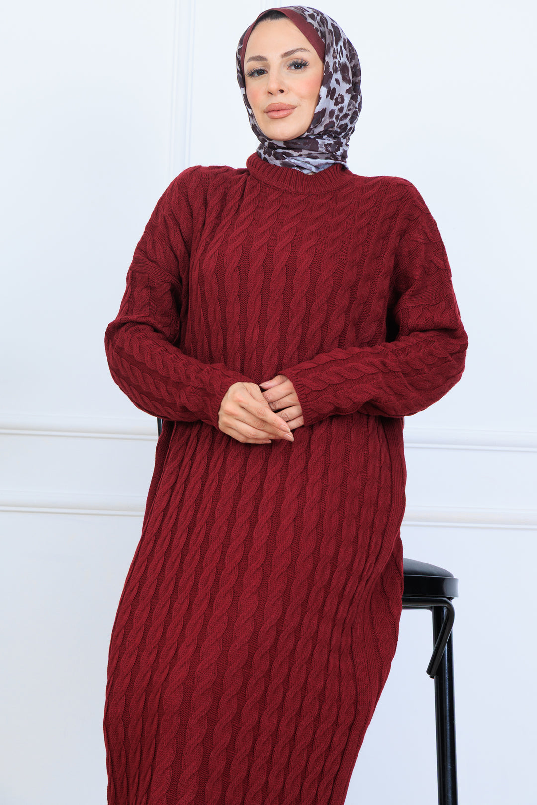 BNG Women Knitted Patterned Sweater Dress N7082 Burgundy - Niort