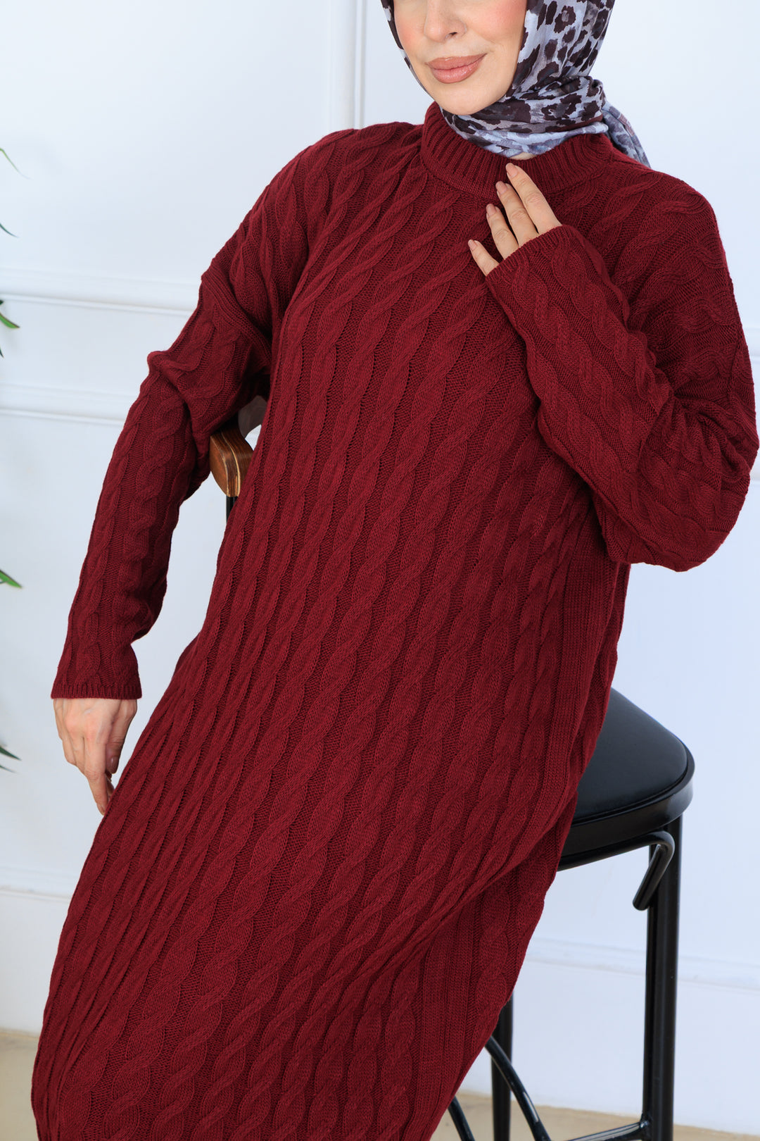 BNG Women Knitted Patterned Sweater Dress N7082 Burgundy - Niort