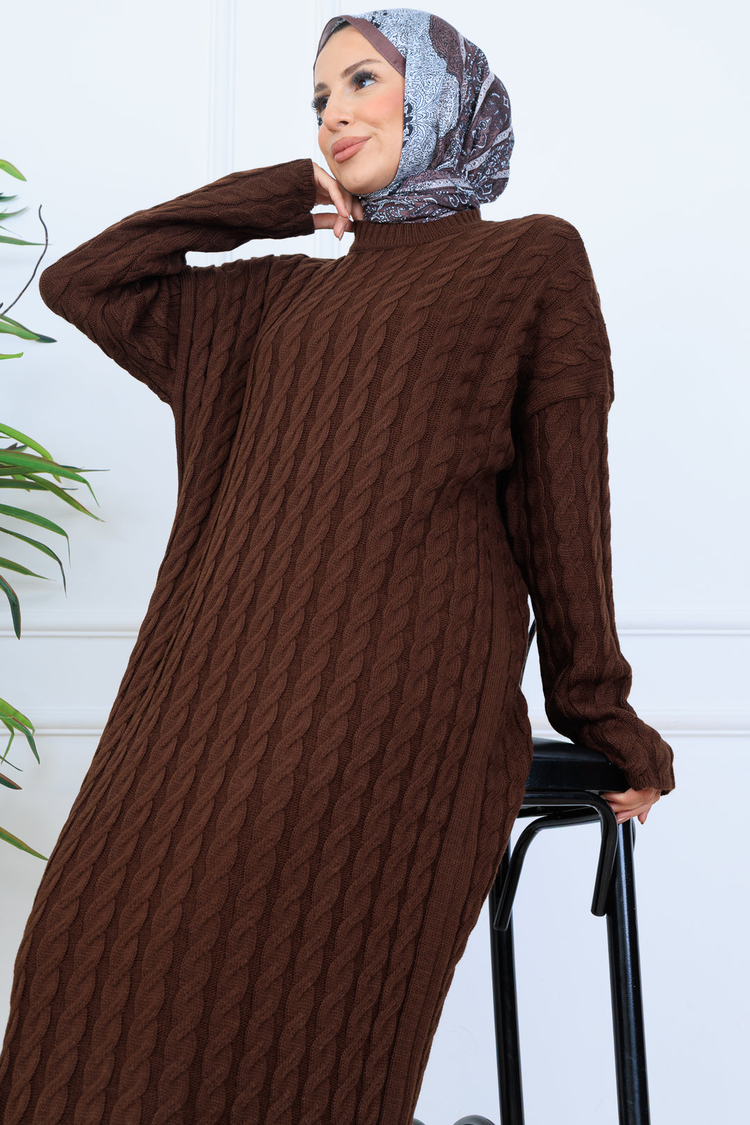 BNG Women Knitted Patterned Sweater Dress N7082 Brown - Gotha