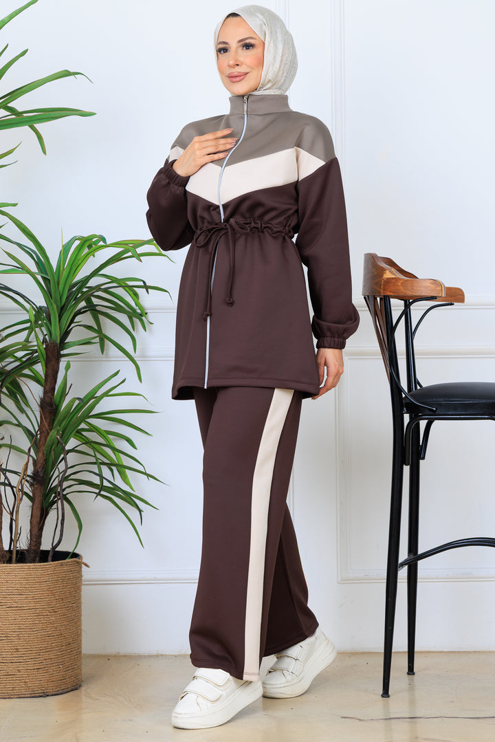 BNG Women Brown Ruffled Belted Scuba Suit N5349 - Kallithéa