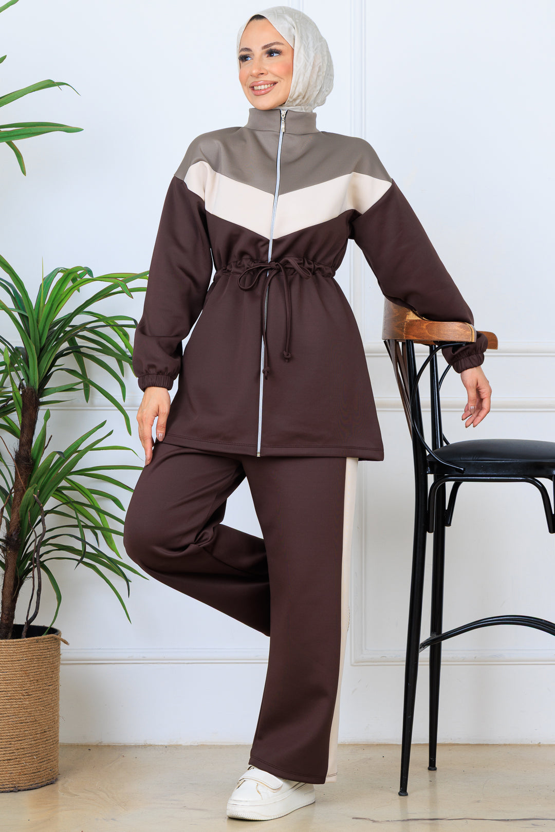 BNG Women Brown Ruffled Belted Scuba Suit N5349 - Kallithéa