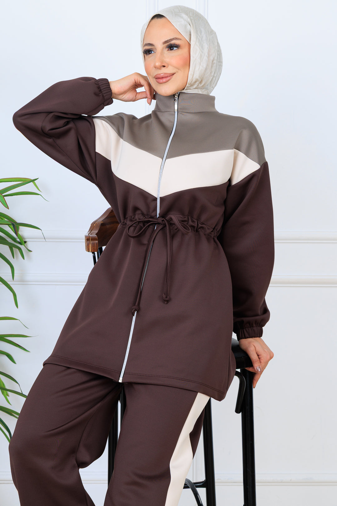 BNG Women Brown Ruffled Belted Scuba Suit N5349 - Kallithéa