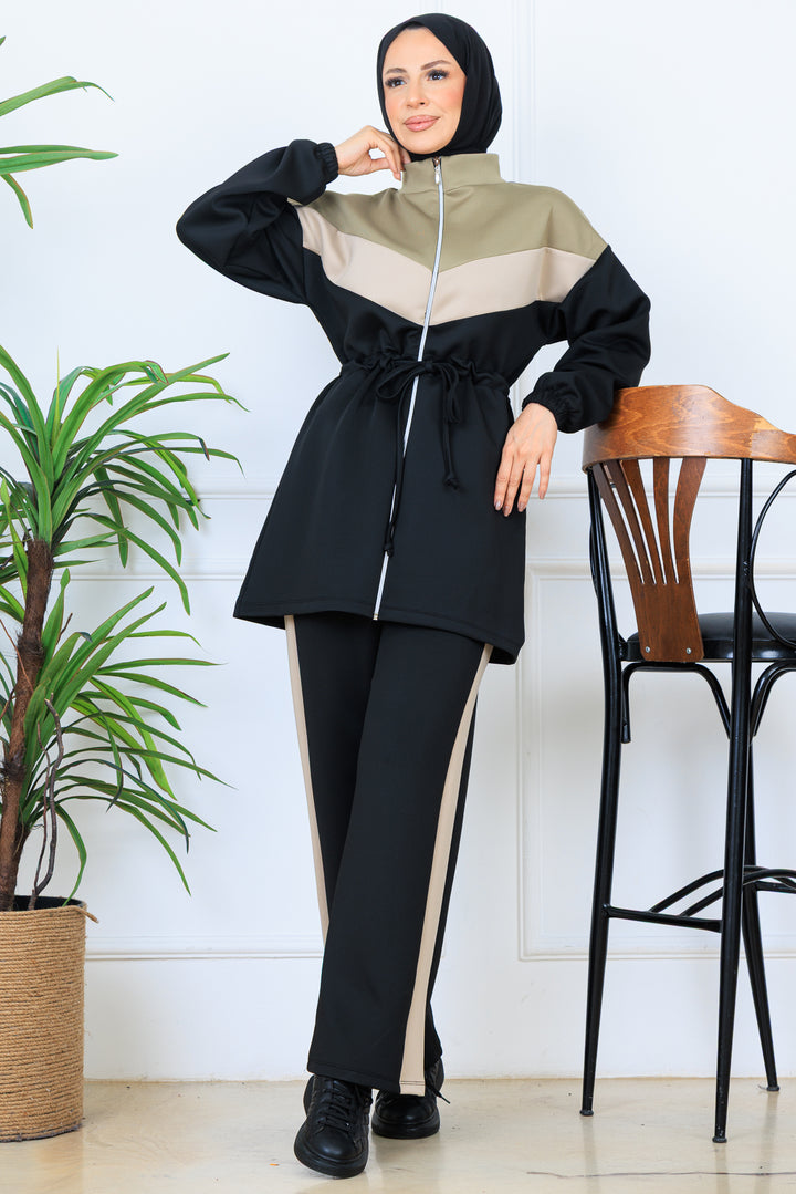 BNG Women Beli Büzgülü Kemerli Scuba Takım N5349 Siyah - Nice