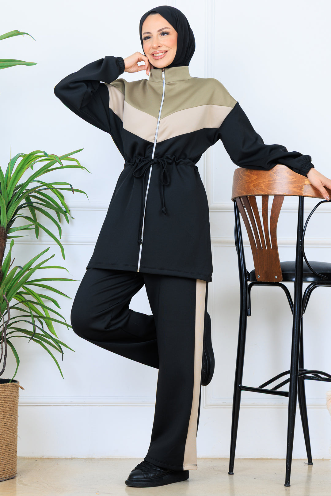 BNG Women Beli Büzgülü Kemerli Scuba Takım N5349 Siyah - Nice