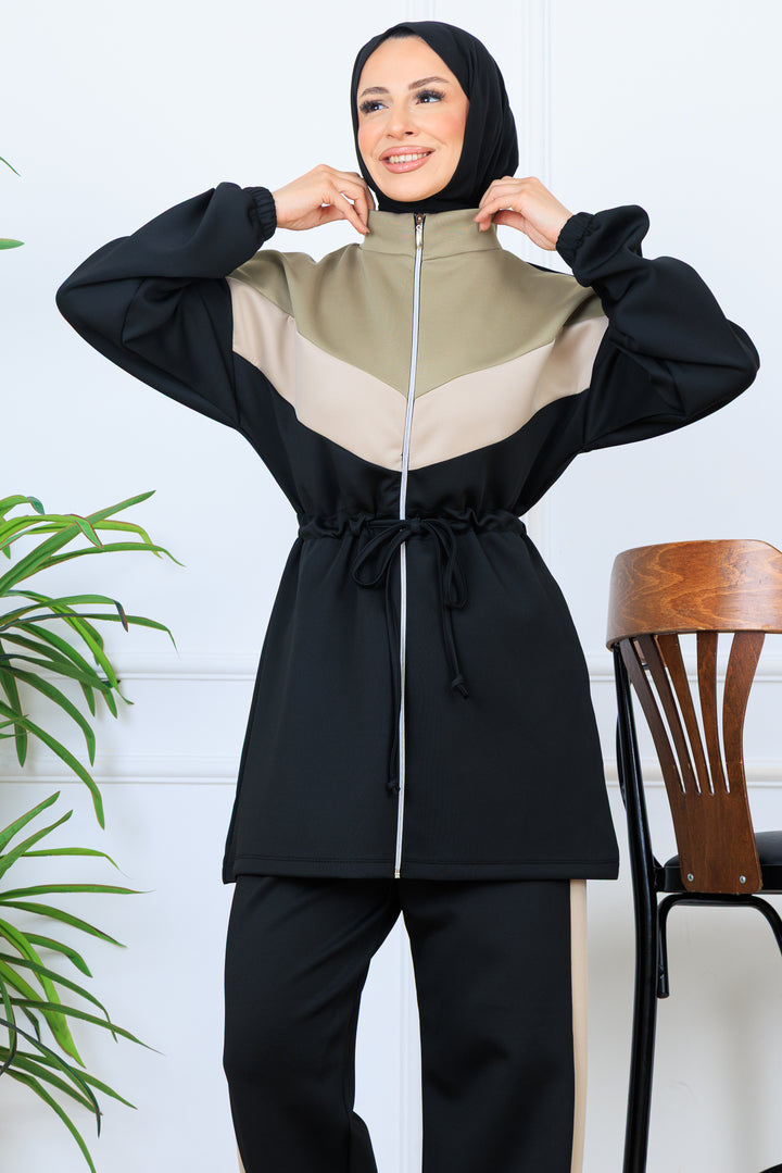 BNG Women Beli Büzgülü Kemerli Scuba Takım N5349 Siyah - Nice