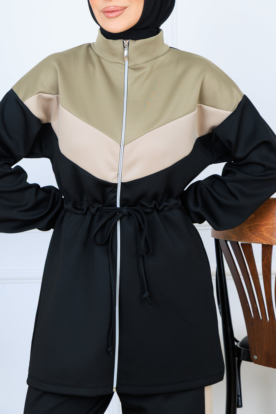 BNG Women Beli Büzgülü Kemerli Scuba Takım N5349 Siyah - Nice