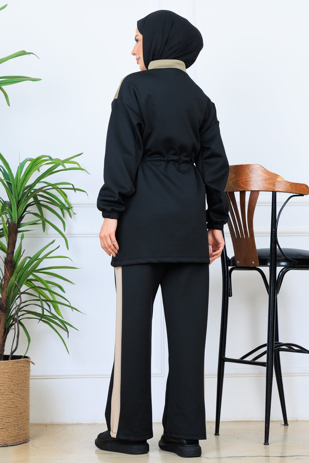 BNG Women Beli Büzgülü Kemerli Scuba Takım N5349 Siyah - Nice