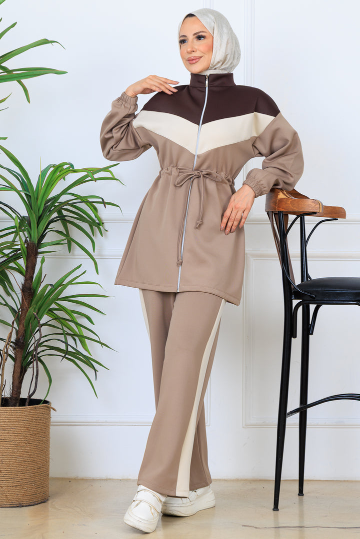 BNG Women Beli Büzgülü Kemerli Scuba Takım N5349 Vizon - Perth