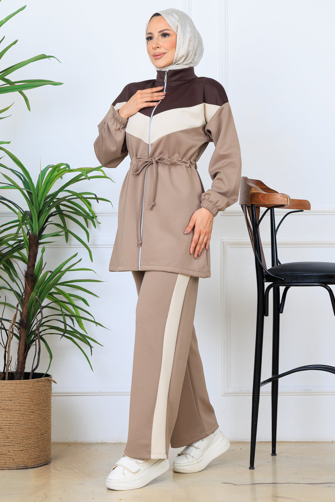 BNG Women Beli Büzgülü Kemerli Scuba Takım N5349 Vizon - Perth