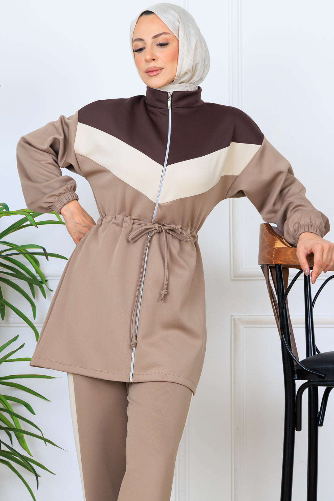 BNG Women Beli Büzgülü Kemerli Scuba Takım N5349 Vizon - Perth