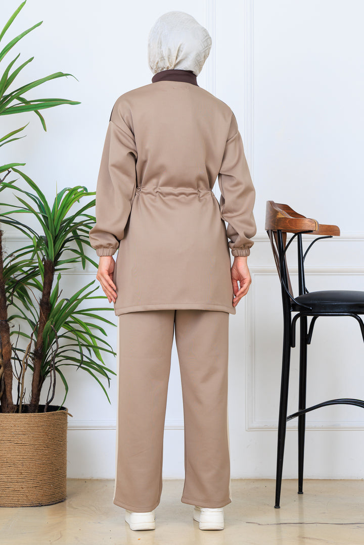 BNG Women Beli Büzgülü Kemerli Scuba Takım N5349 Vizon - Perth