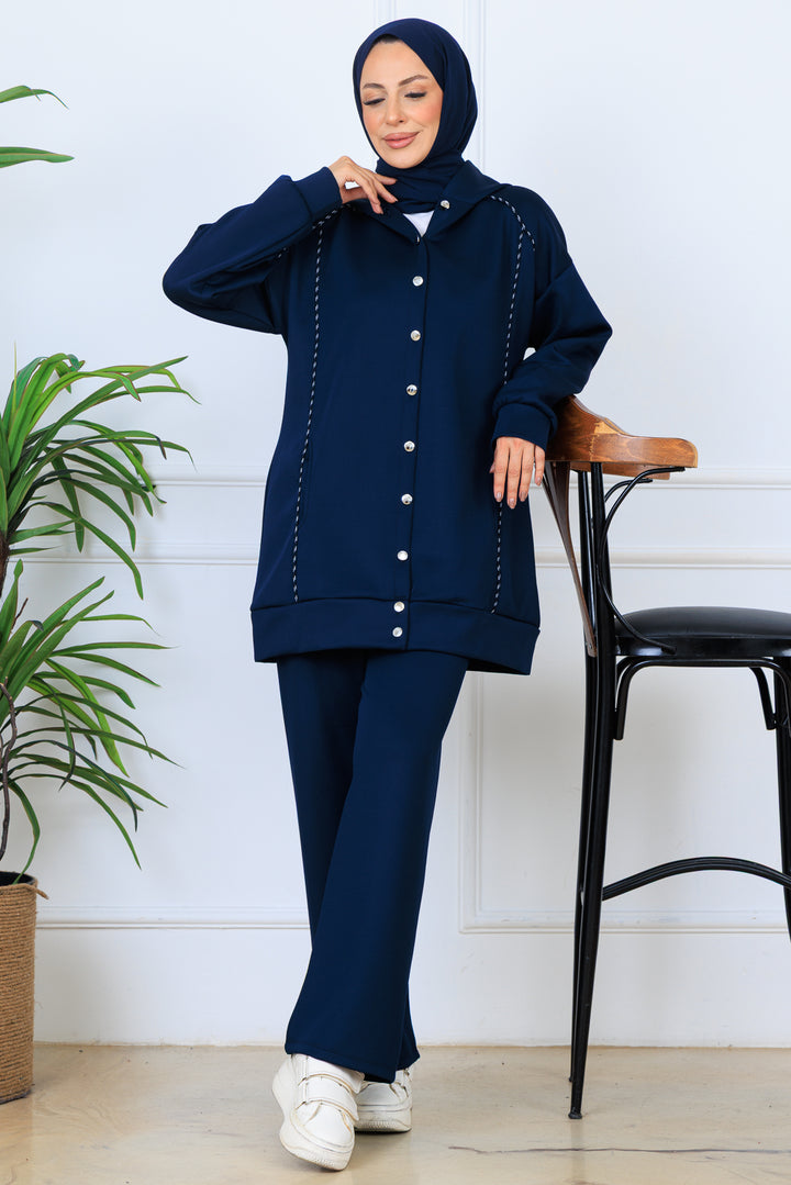 BNG Women Kapüşonlu Düğmeli Scuba Takım N5393 Lacivert - Villa Victoria