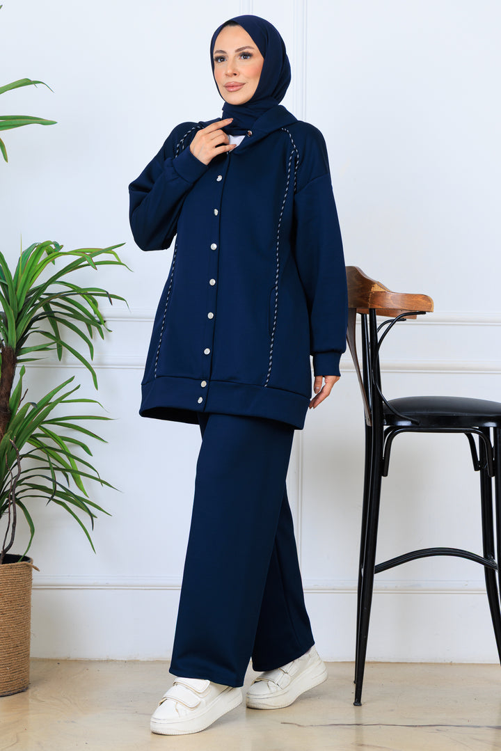 BNG Women Kapüşonlu Düğmeli Scuba Takım N5393 Lacivert - Villa Victoria