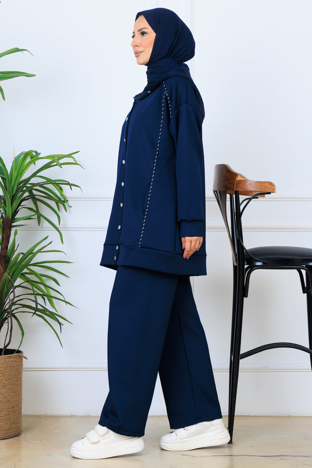 BNG Women Kapüşonlu Düğmeli Scuba Takım N5393 Lacivert - Villa Victoria