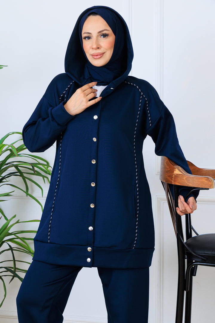 BNG Women Kapüşonlu Düğmeli Scuba Takım N5393 Lacivert - Villa Victoria