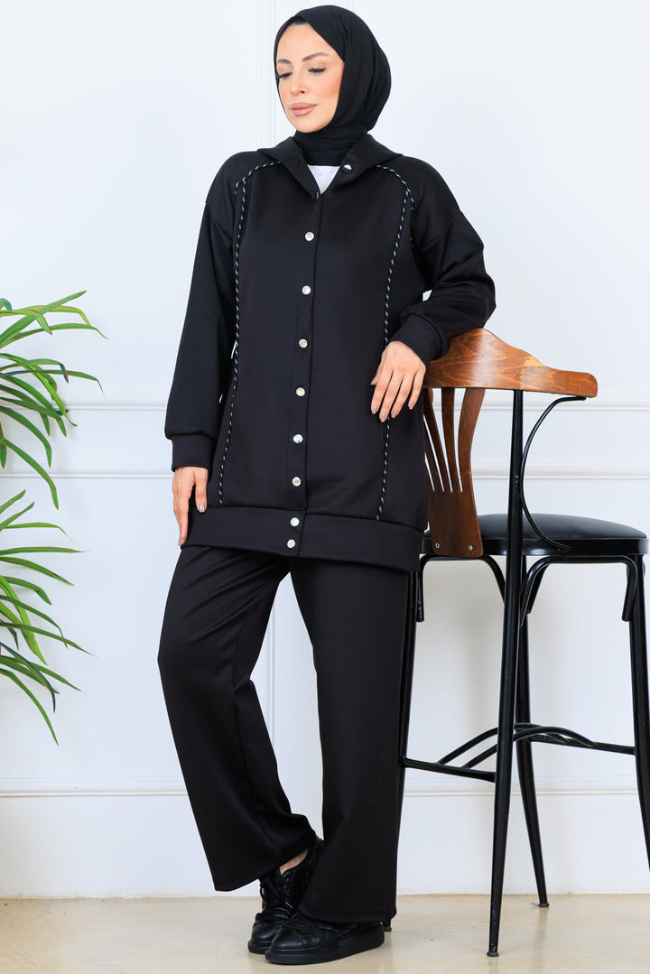 BNG Women Hooded Buttoned Scuba Suit N5393 Black - Marano di Napoli