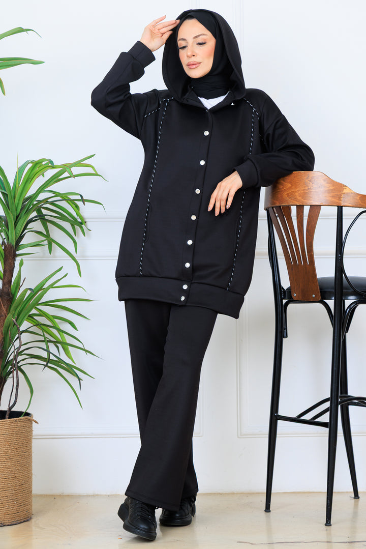 BNG Women Hooded Buttoned Scuba Suit N5393 Black - Marano di Napoli