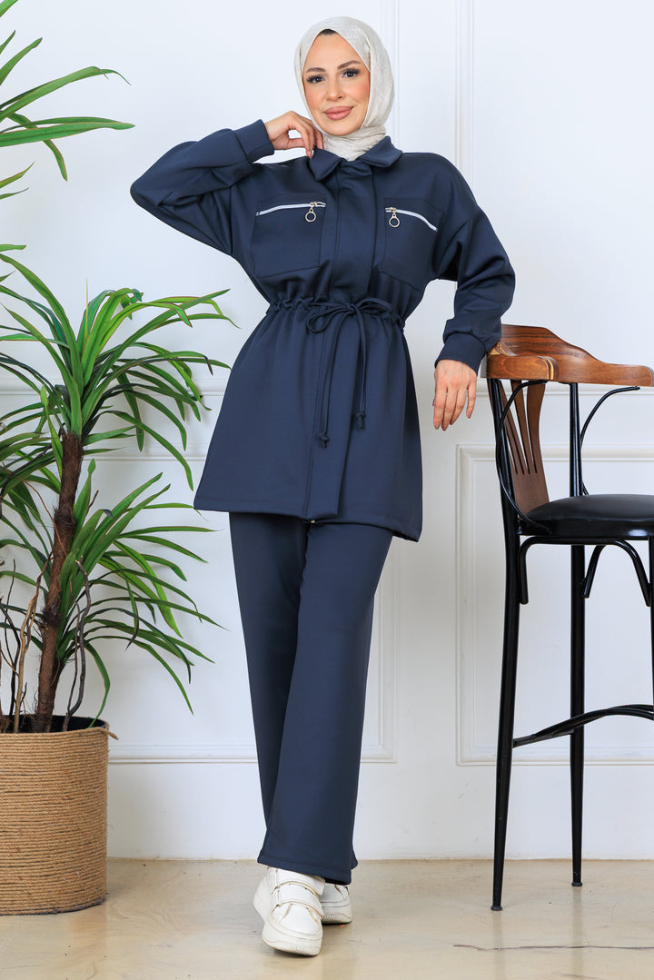 BNG Women Beli Büzgülü Fermuarlı Scuba Takım N5329 Antrasit - Pennsauken