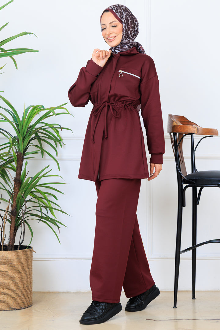 BNG Women Ruffled Zippered Waist Scuba Suit N5329 Burgundy - Atenco