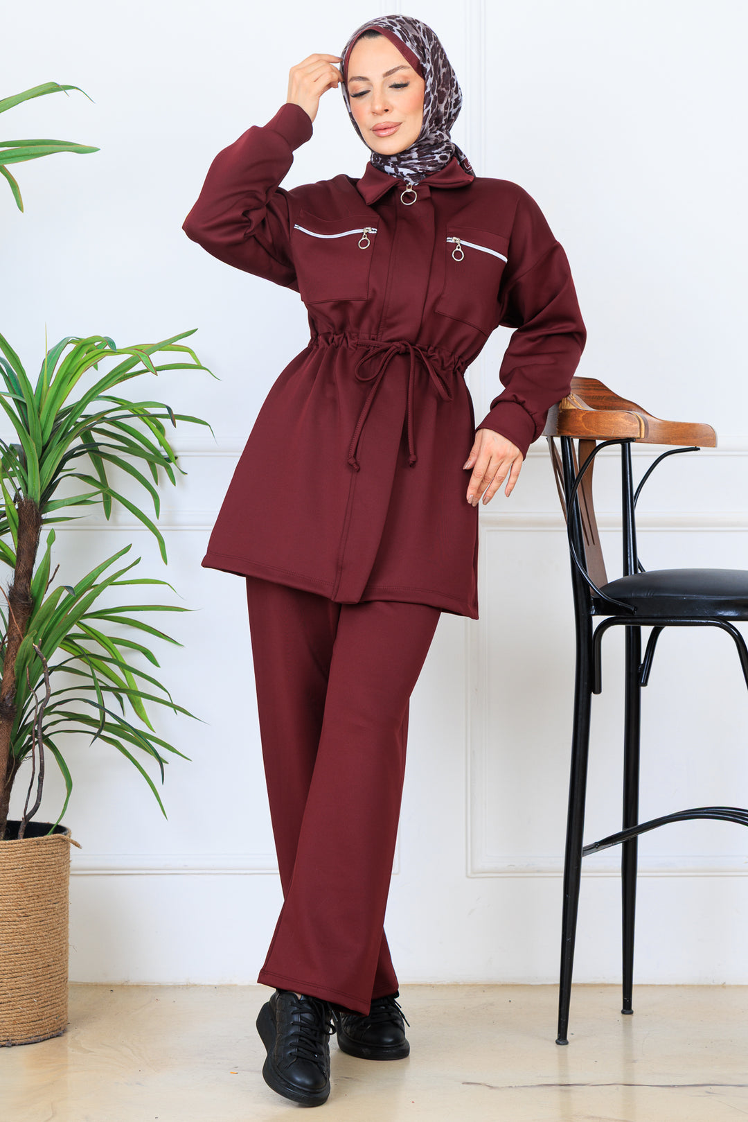 BNG Women Ruffled Zippered Waist Scuba Suit N5329 Burgundy - Atenco