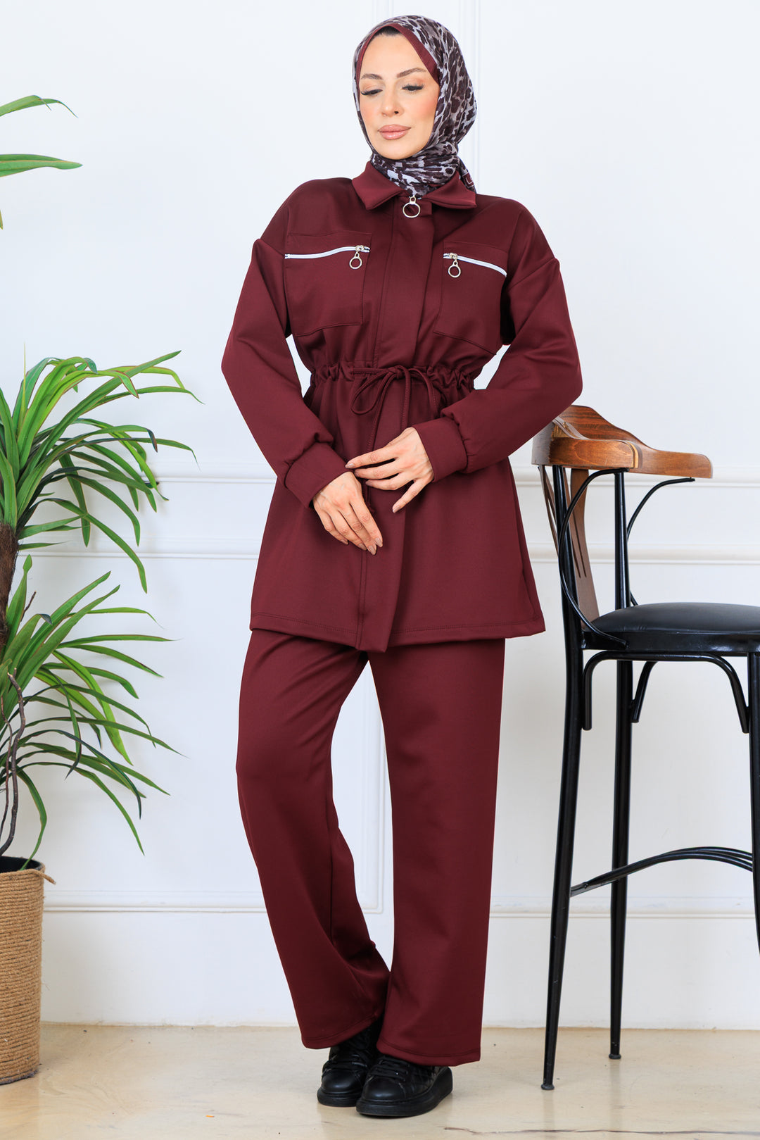 BNG Women Ruffled Zippered Waist Scuba Suit N5329 Burgundy - Atenco
