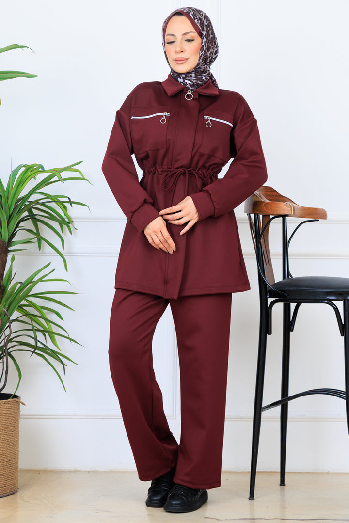 BNG Women Ruffled Zippered Waist Scuba Suit N5329 Burgundy - Atenco