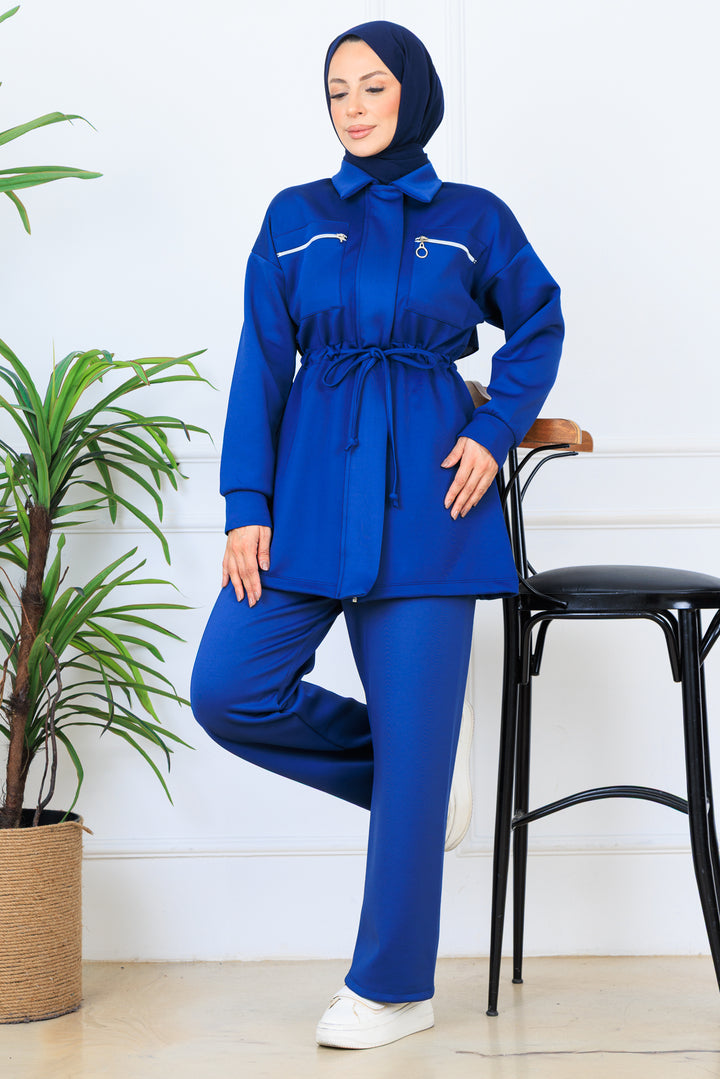 BNG Women Ruffled Zippered Waist Scuba Suit N5329 Indigo - Kamen