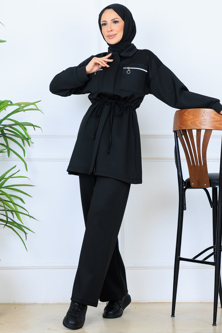 BNG Women Waist Ruffled Zippered Scuba Suit N5329 Black - Kavála