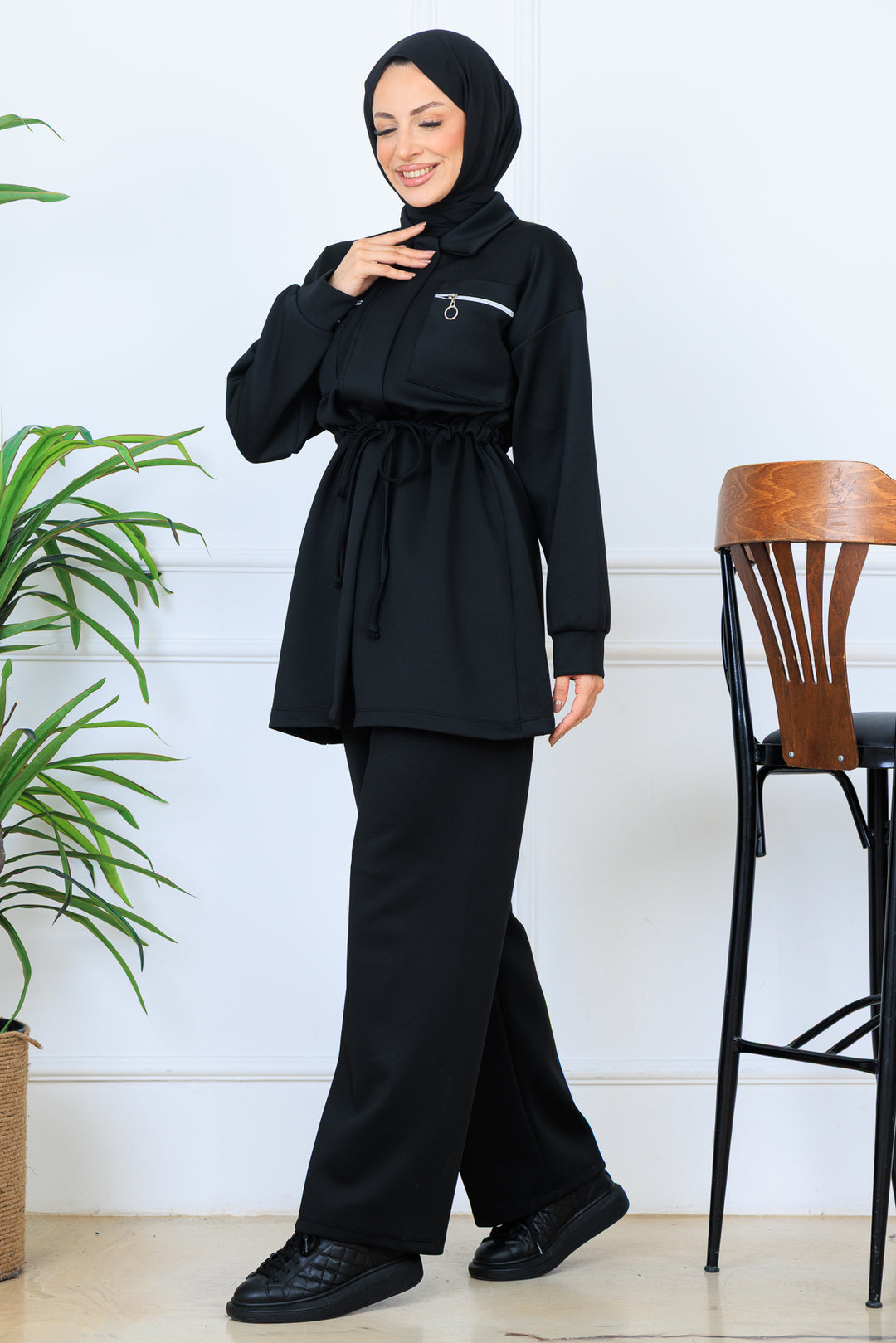 BNG Women Waist Ruffled Zippered Scuba Suit N5329 Black - Kavála