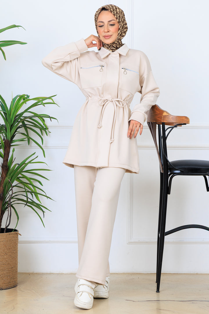 BNG Women Waist Ruffled Zippered Scuba Suit N5329 Stone Color - Valence