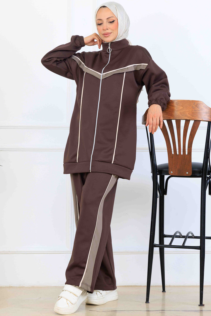 BNG Women Şerit Detaylı Scuba İkili Takım N5347 Kahverengi - Alcantarilla