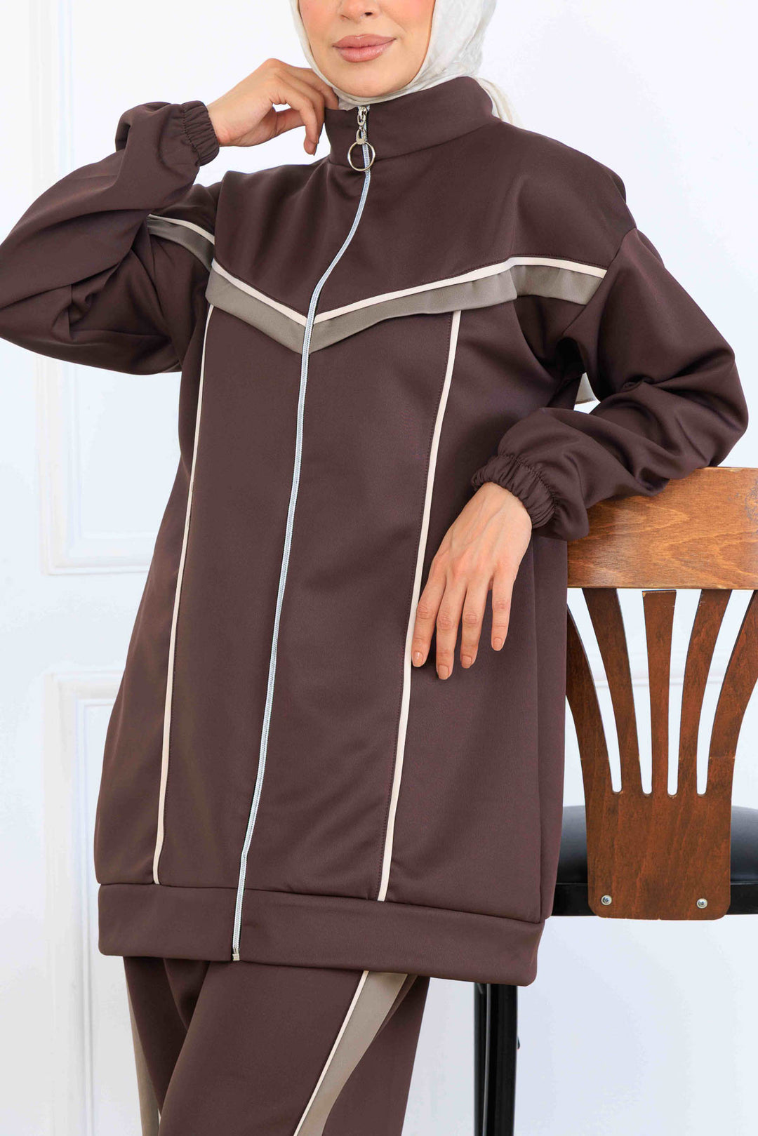 BNG Women Şerit Detaylı Scuba İkili Takım N5347 Kahverengi - Alcantarilla