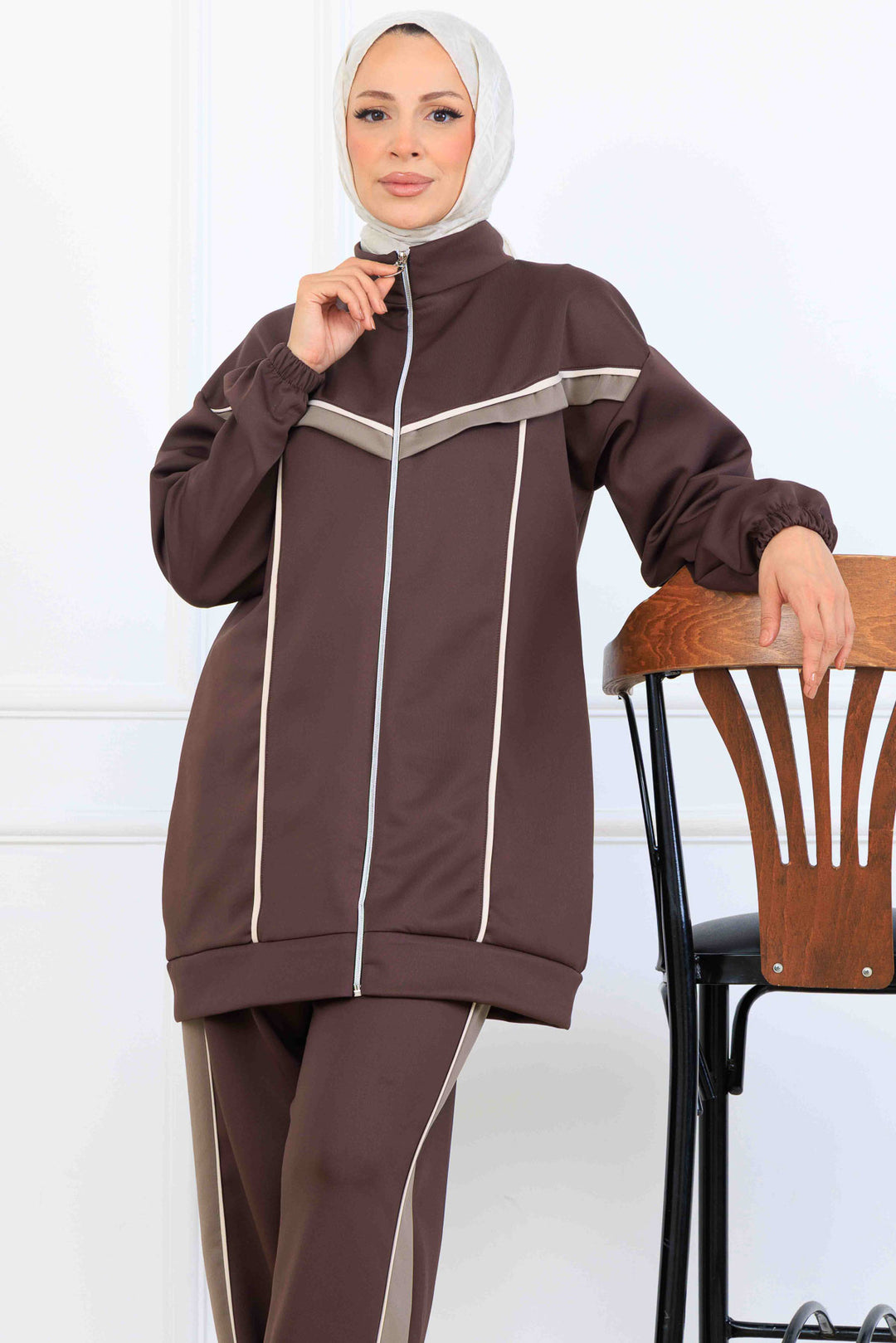 BNG Women Şerit Detaylı Scuba İkili Takım N5347 Kahverengi - Alcantarilla