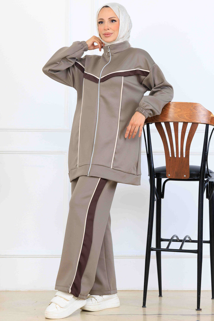 BNG Women Şerit Detaylı Scuba İkili Takım N5347 Vizon - Verona