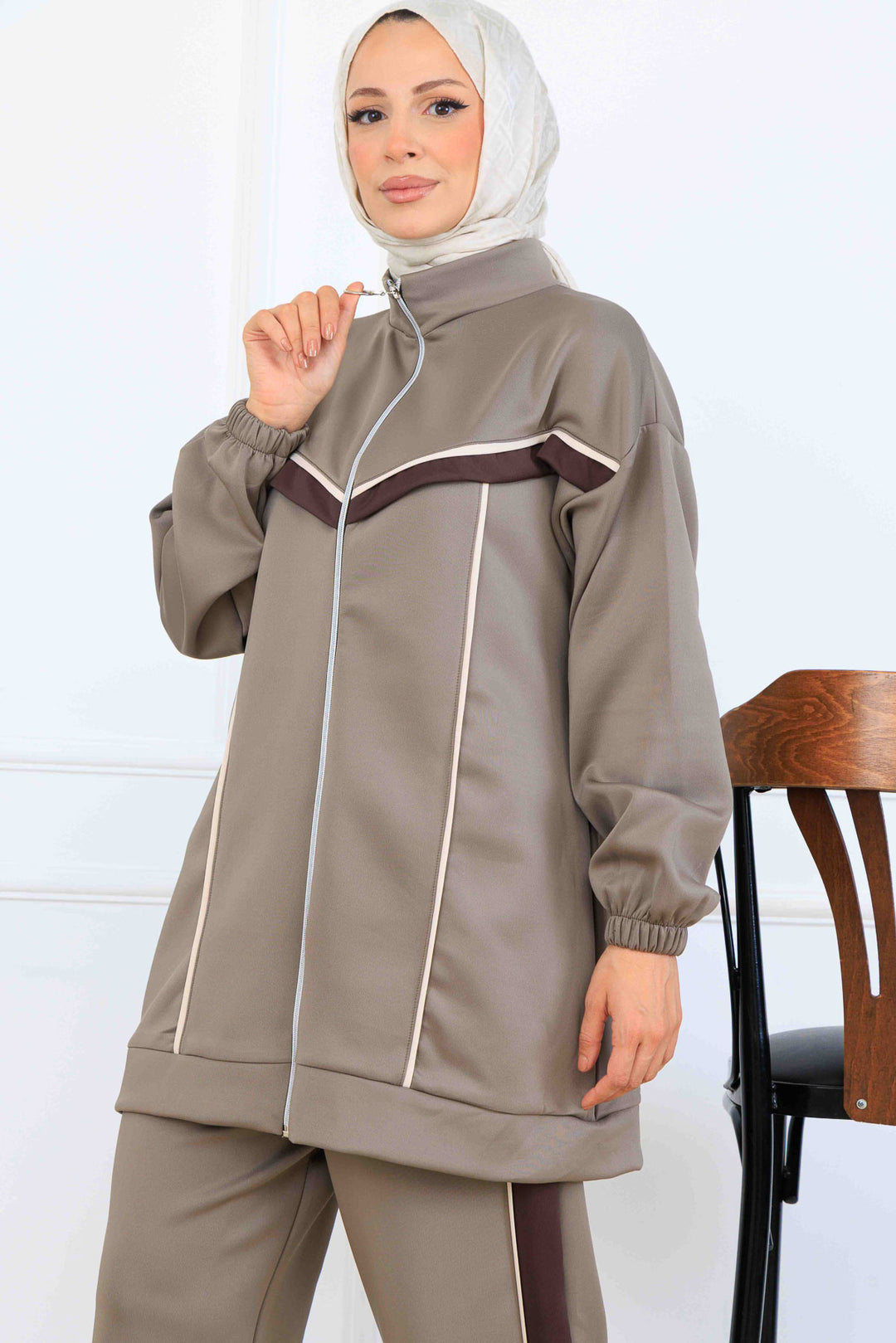 BNG Women Şerit Detaylı Scuba İkili Takım N5347 Vizon - Verona