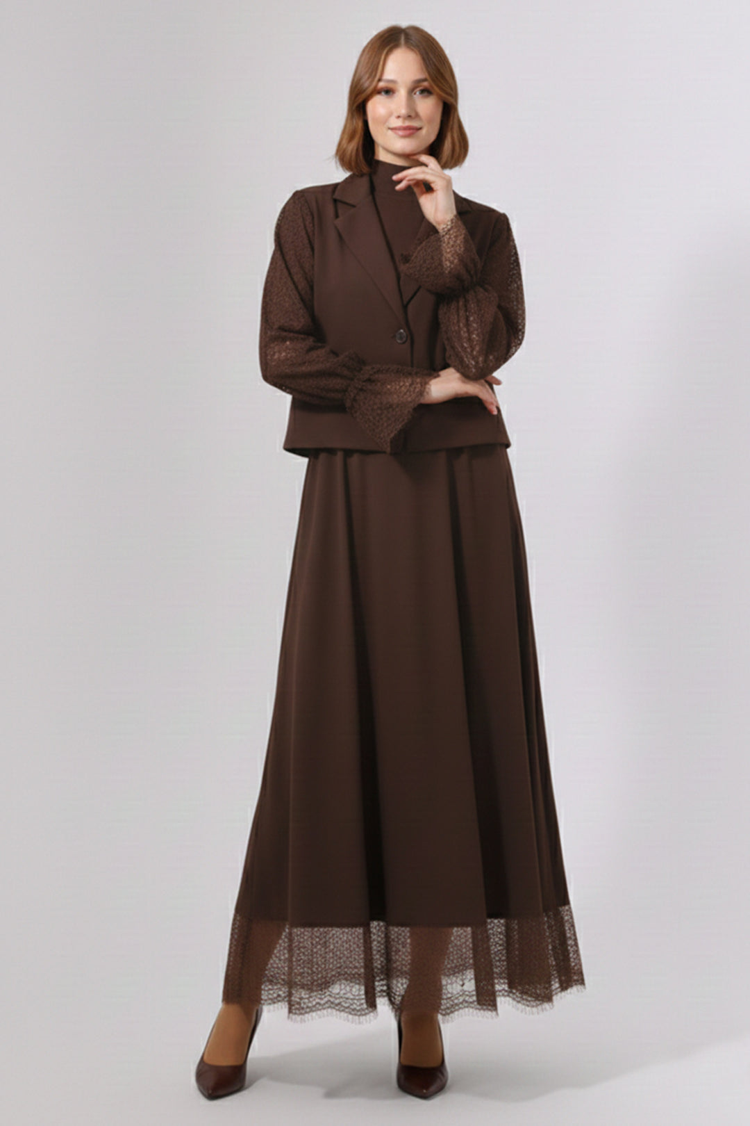 BNG Women Dantelli Tesettür İkili Takım N7218 Kahverengi - Cambridge
