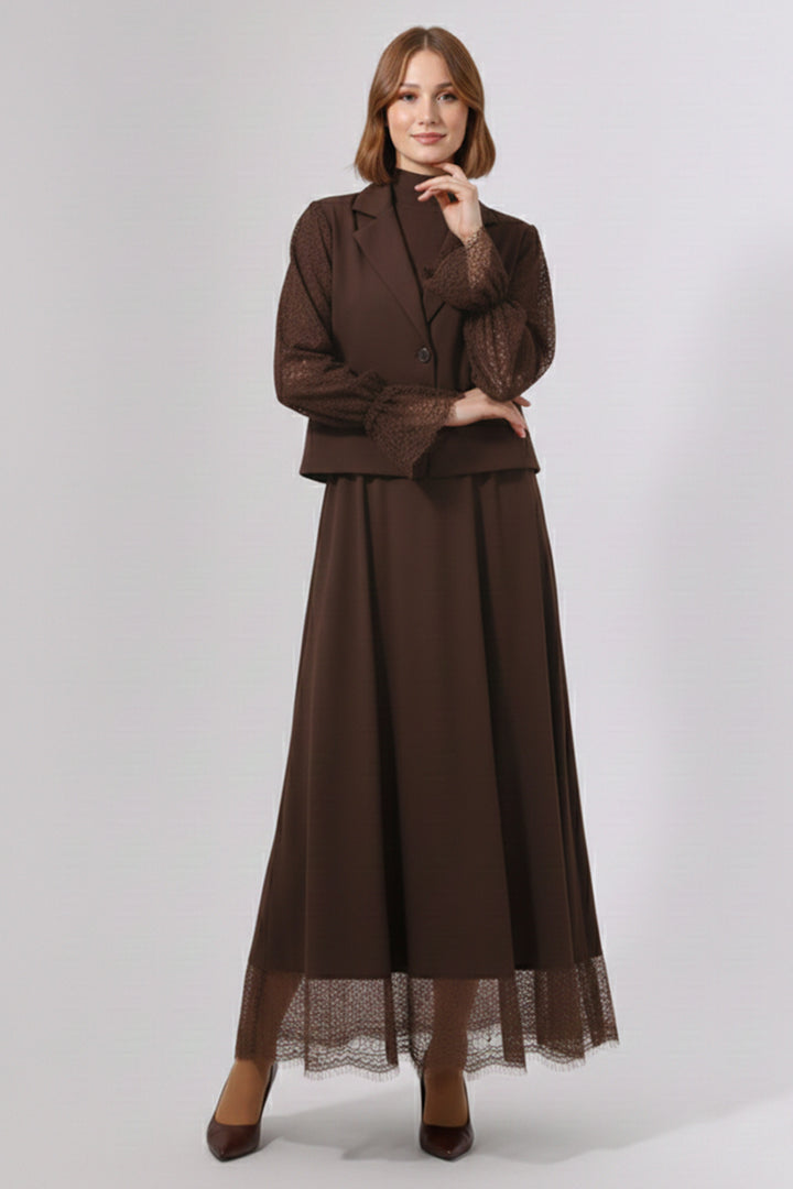 BNG Women Dantelli Tesettür İkili Takım N7218 Kahverengi - Cambridge