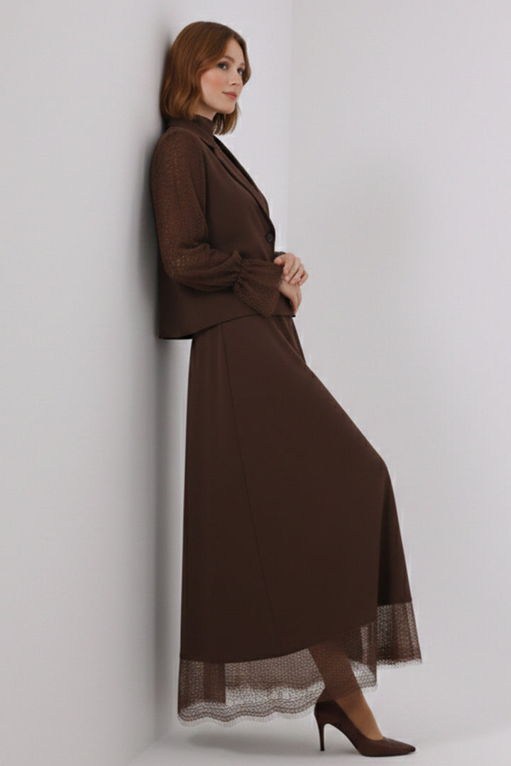 BNG Women Dantelli Tesettür İkili Takım N7218 Kahverengi - Cambridge