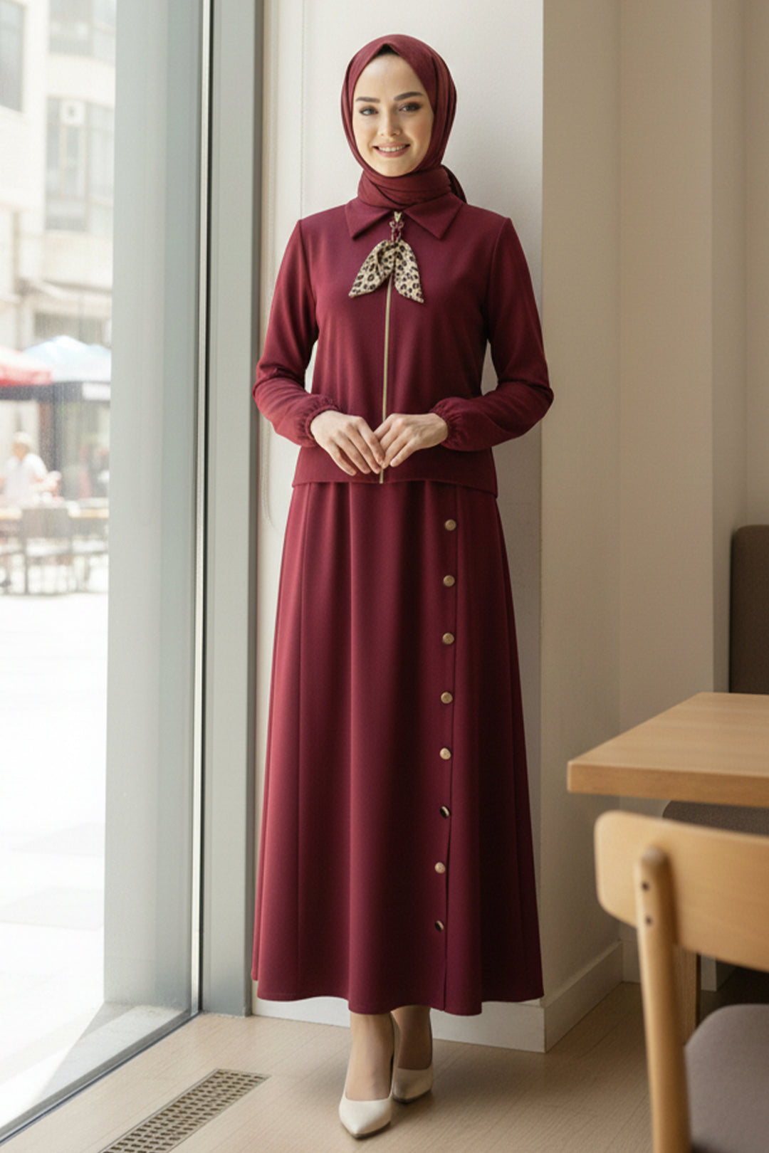 BNG Women Scarf Hijab Two Piece Set N7173 Burgundy - Geel
