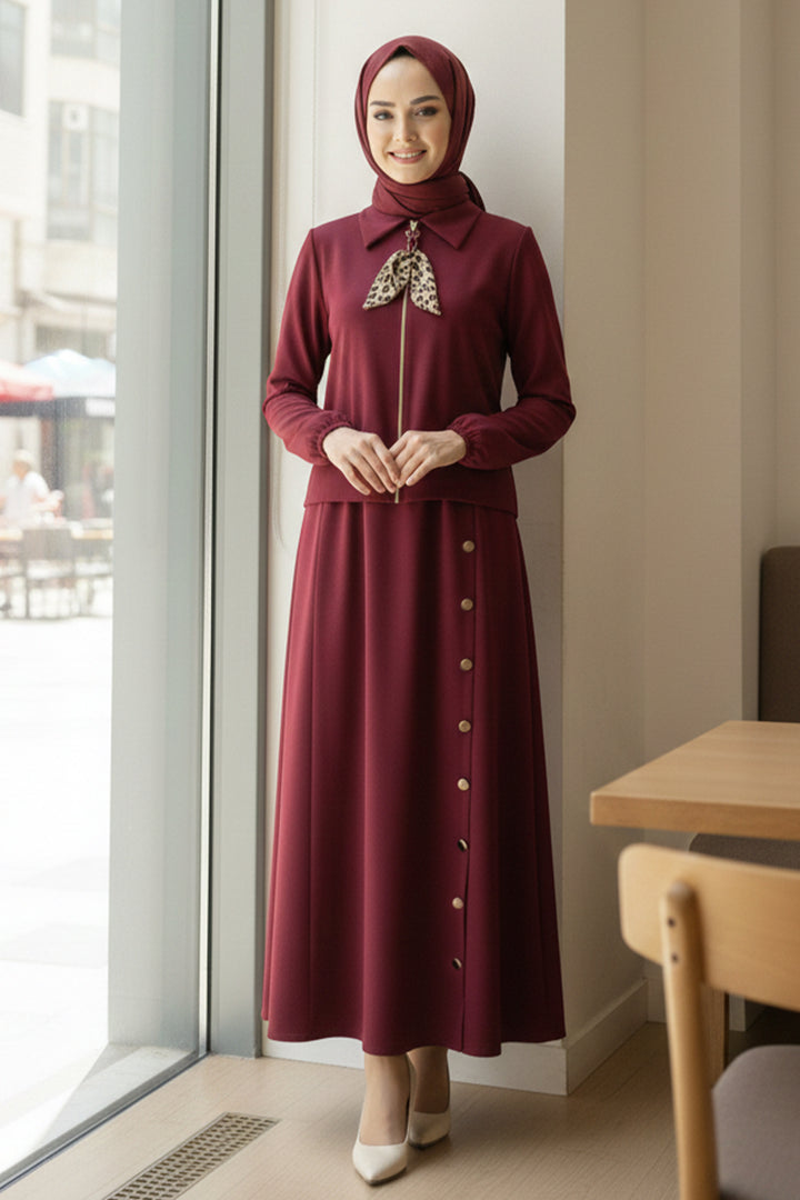 BNG Women Scarf Hijab Two Piece Set N7173 Burgundy - Geel
