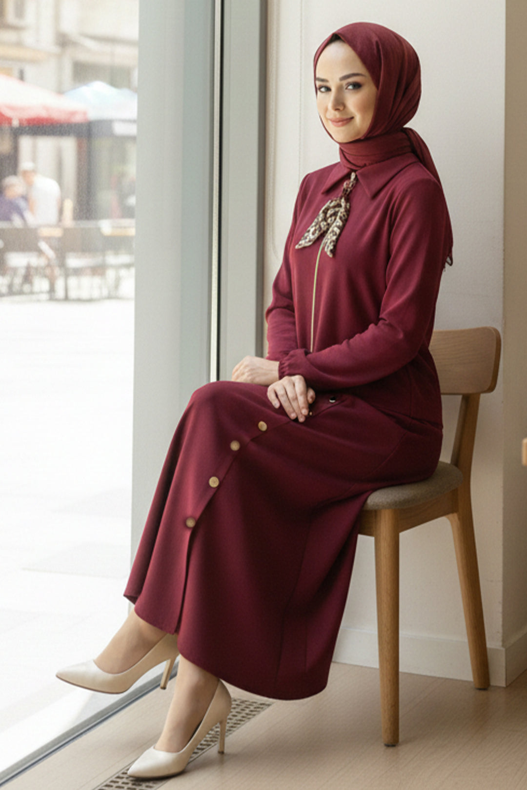 BNG Women Scarf Hijab Two Piece Set N7173 Burgundy - Geel