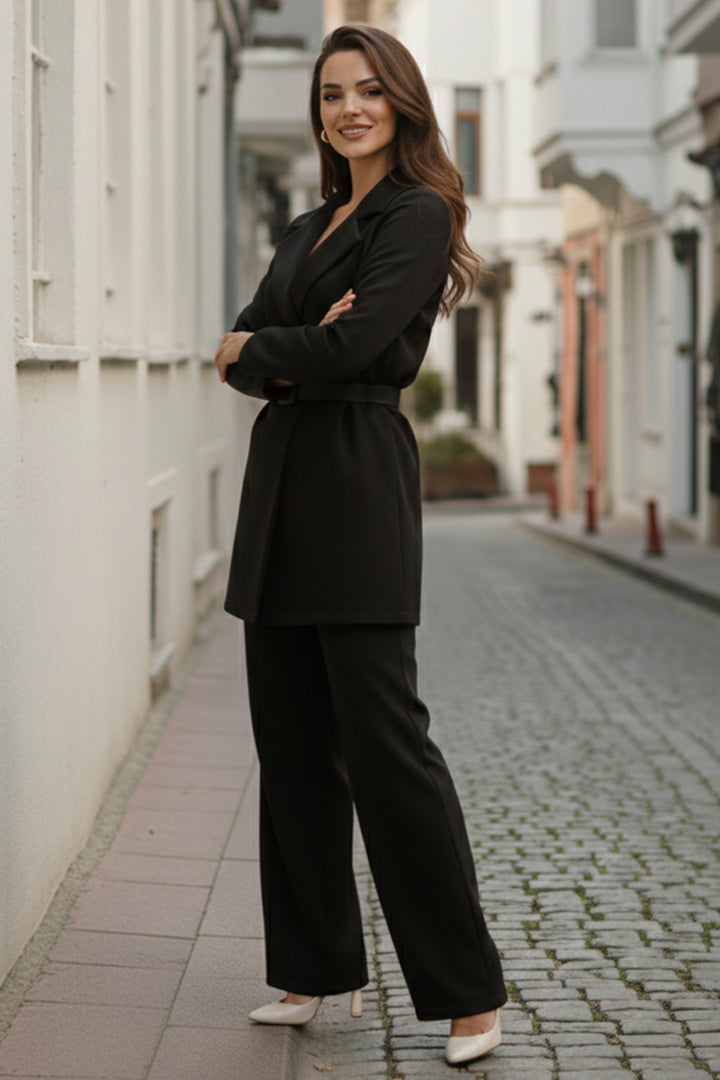 BNG Women Belted Hijab Two Piece Set N7174 Black - Yevpatoriia