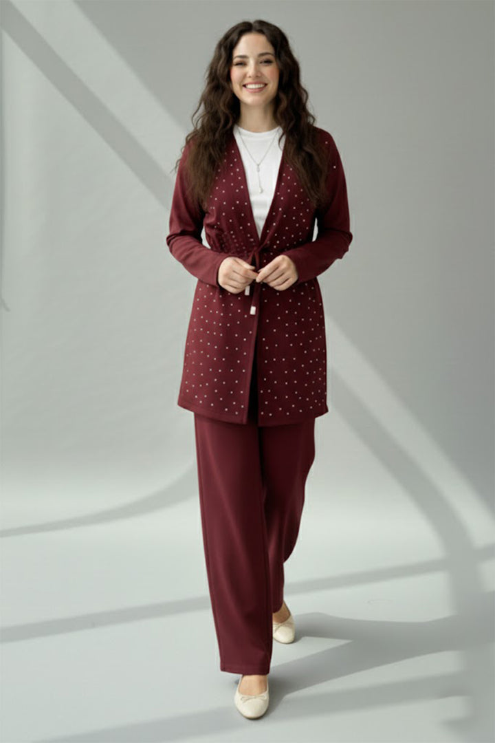 BNG Women Stoned Hijab Two-Piece Set N7176 Burgundy - Poissy