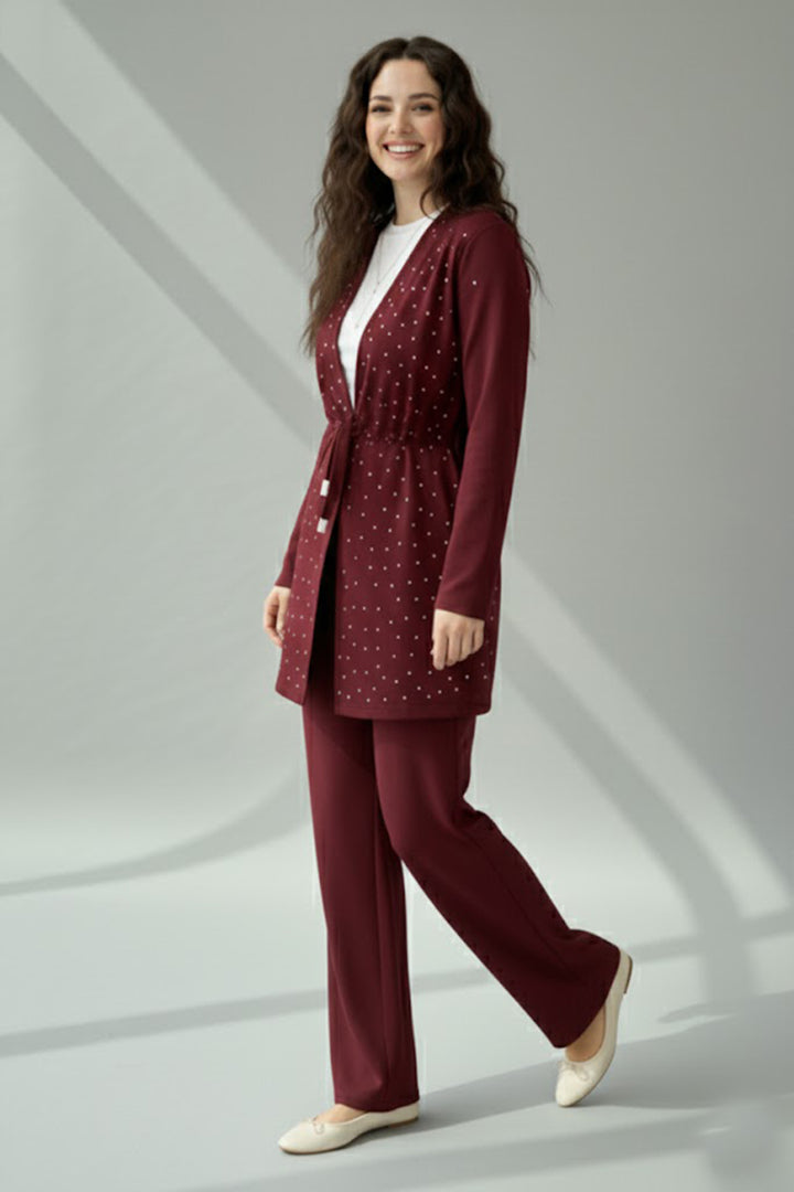 BNG Women Stoned Hijab Two-Piece Set N7176 Burgundy - Poissy