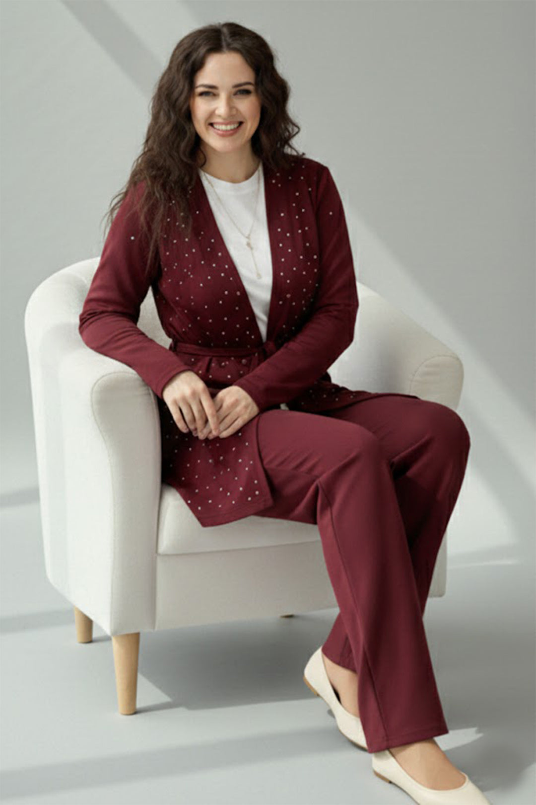 BNG Women Stoned Hijab Two-Piece Set N7176 Burgundy - Poissy