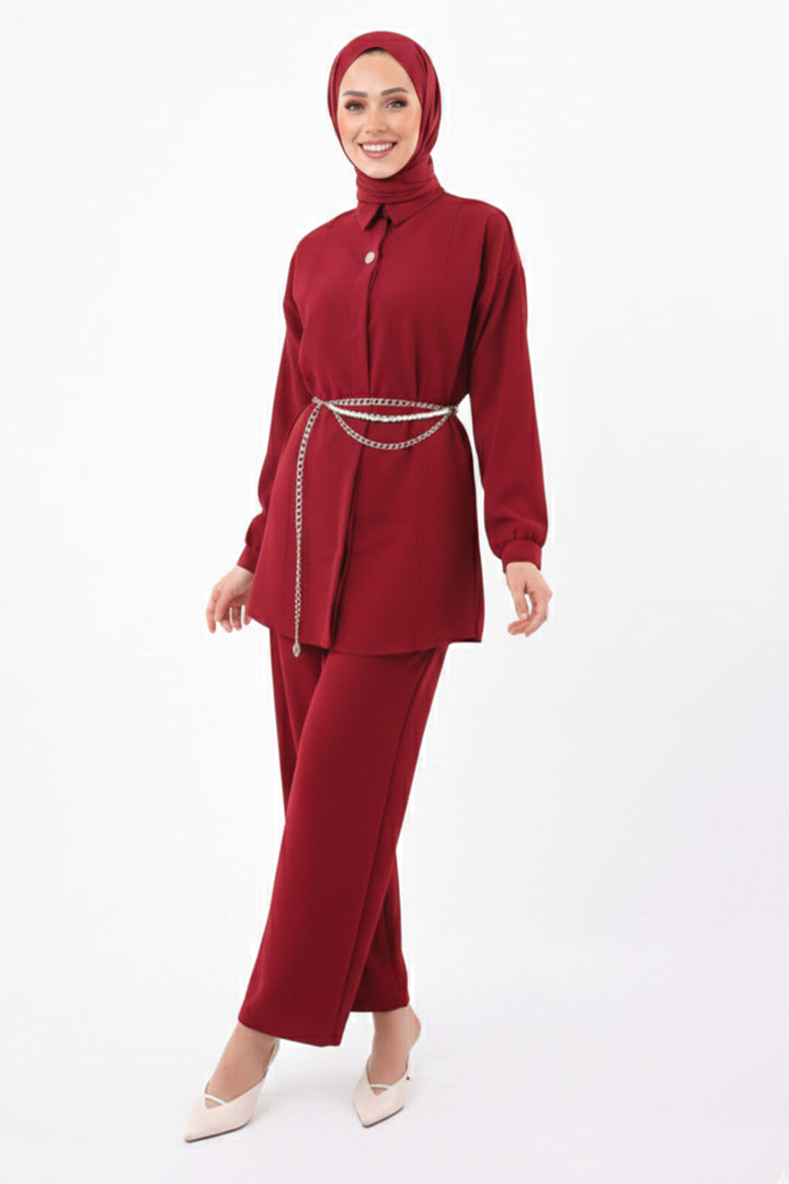 BNG Women Brooch Detailed Hijab Two-Piece Set N7178 Burgundy - Donostia